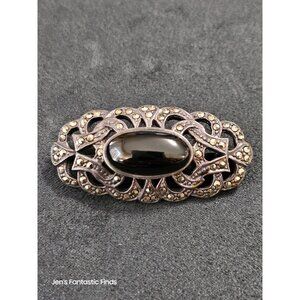Antique Sterling Silver & Marcasite Brooch With Black‎ Onyx Stone